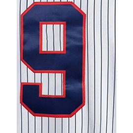 Men'S White Striped # 9 Baseball Shirt, Classic Letter Embroidery Design, Button Style Short Sleeved Breathable