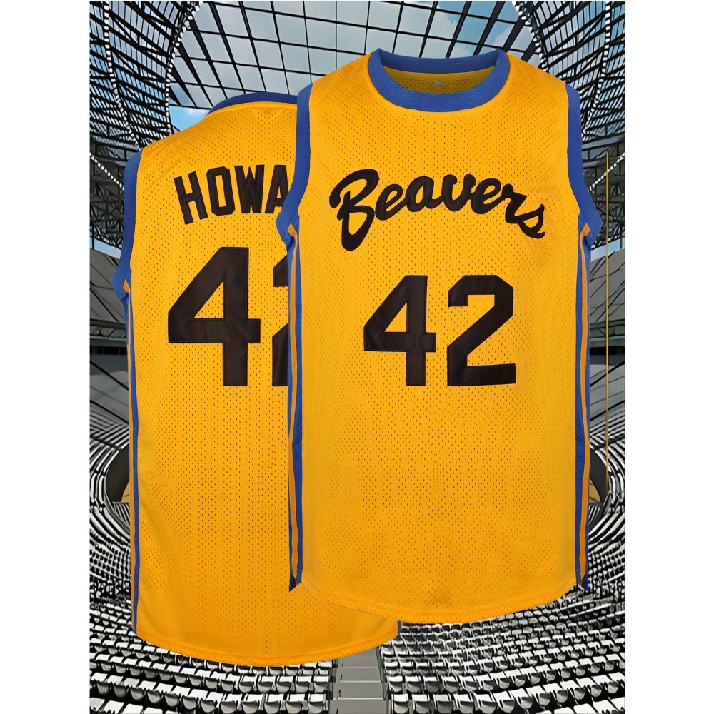 Men's #42 Yellow Basketball Jersey - Breathable Embroidered Polyester, Round Neck, S-3XL, Perfect for Team Sports, Casual Wear, and Outdoor Activities, Team Sports Clothing | Bold Number Design | Embroidered Detailing