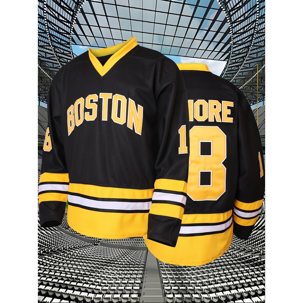 Men's Black Ice Hockey Sweater #18 - Breathable V-Neck, Loose Fit for Competition Training, Streetwear & Outdoor Activities, All Seasons, Sizes S-XXXL, 100% Polyester, Machine Washable, Hockey Jersey