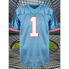 Men's Blue V-Neck Rugby Sweatshirt #1 - Embroidered Polyester Loose Fit Knit Jersey for Sports & Casual Wear, Sizes S-3XL, Breathable & Durable for Team Sports, Training, and Everyday Use