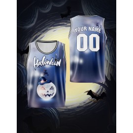 Boys' Customizable Name & Number Halloween Basketball Jersey - Polyester, 100% Polyester Breathable Sports Vest, Kids All-Over Print Tank Top for Training, Running, Outdoor Activities, Casual Parties, Loose Fit for Children Over 3 Years Old