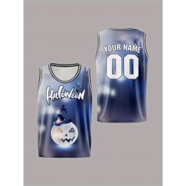 Boys' Customizable Name & Number Halloween Basketball Jersey - Polyester, 100% Polyester Breathable Sports Vest, Kids All-Over Print Tank Top for Training, Running, Outdoor Activities, Casual Parties, Loose Fit for Children Over 3 Years Old