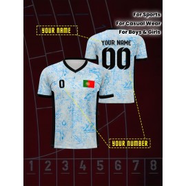 Customizable Youth Soccer Jersey - V-Neck Athletic Top with Name & Number, Light Blue & White Pattern, Breathable Fabric for Soccer, Running, Beach & Casual Wear, Soccer Accessories, Soccer Player Gear, Sporty Youth Design, Comfortable Fit
