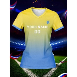 Customized Women'S V-Neck Football Shirt, Polyester 100%, Quick-Dry Knit Fabric, All Over Print, Regular Length, Slight Stretch, Sports Style, for Team Training & Fitness, Spring/Summer/Fall - 210g/m²