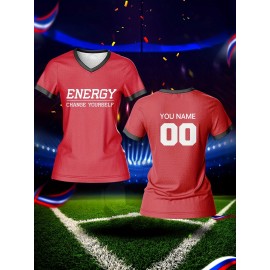 Customizable Women's V-Neck Football Jersey Top - Personalized Name & Number, Breathable, Quick-Drying, Polyester, Ideal for Team Training & Casual Wear, Football Accessories