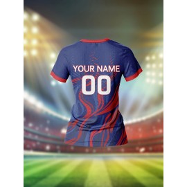 Customizable Women's V-Neck Football Jersey - Personalized Name & Number, Breathable Polyester, Quick-Dry Sports Top for Team Training, Casual Wear, and Fitness - Blue with Red & White Accents, Sports Training Top | Athletic Clothing | Smooth Fabric